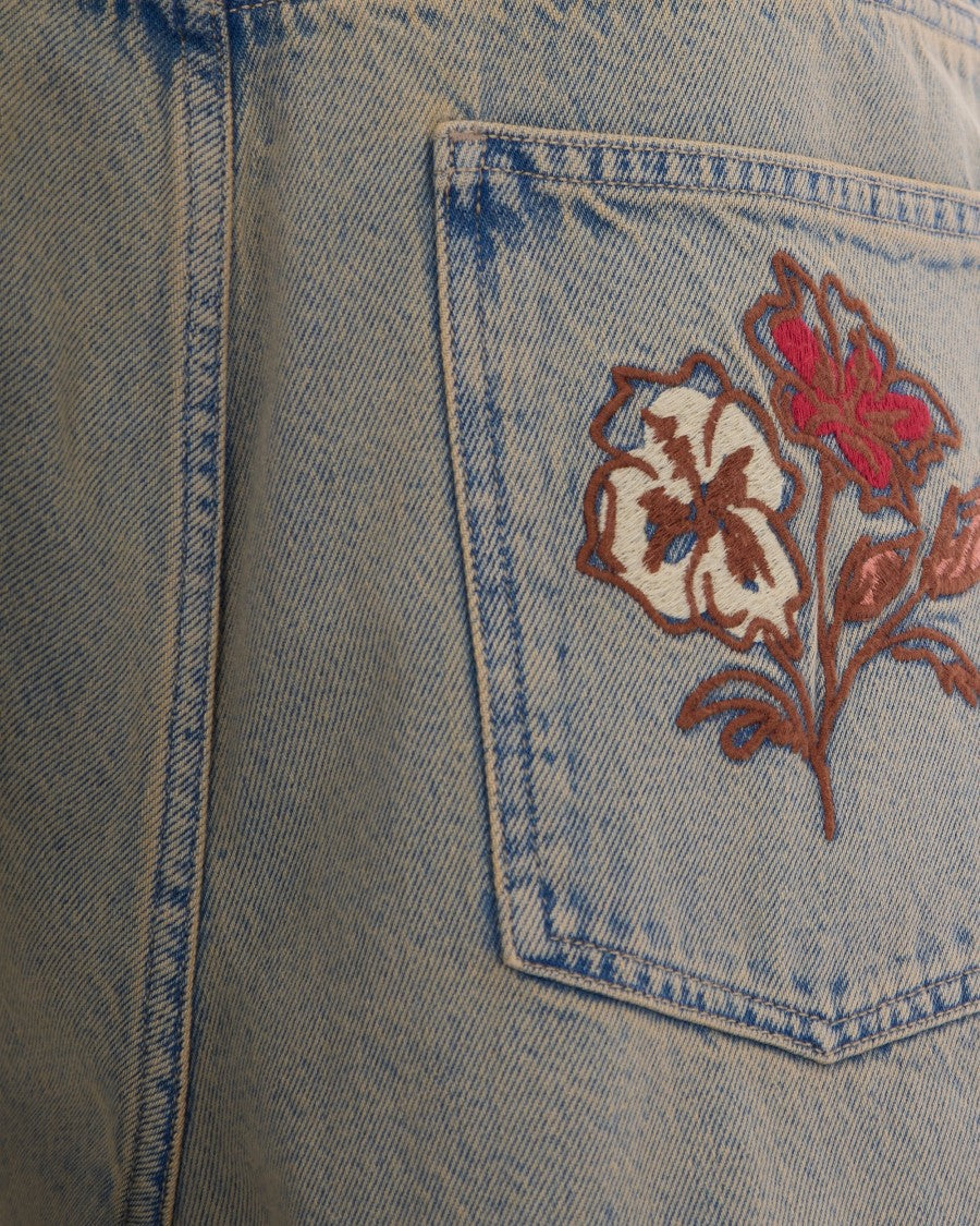 Drôle De Monsieur Oversized Denim Shorts With Floral Embroidery And Five Pockets