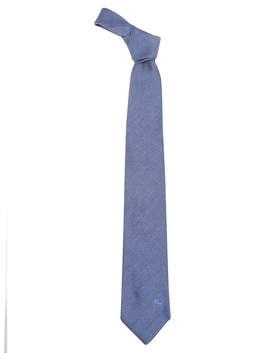 Etro Blue Cotton-Silk Blend Textured Logo Tie