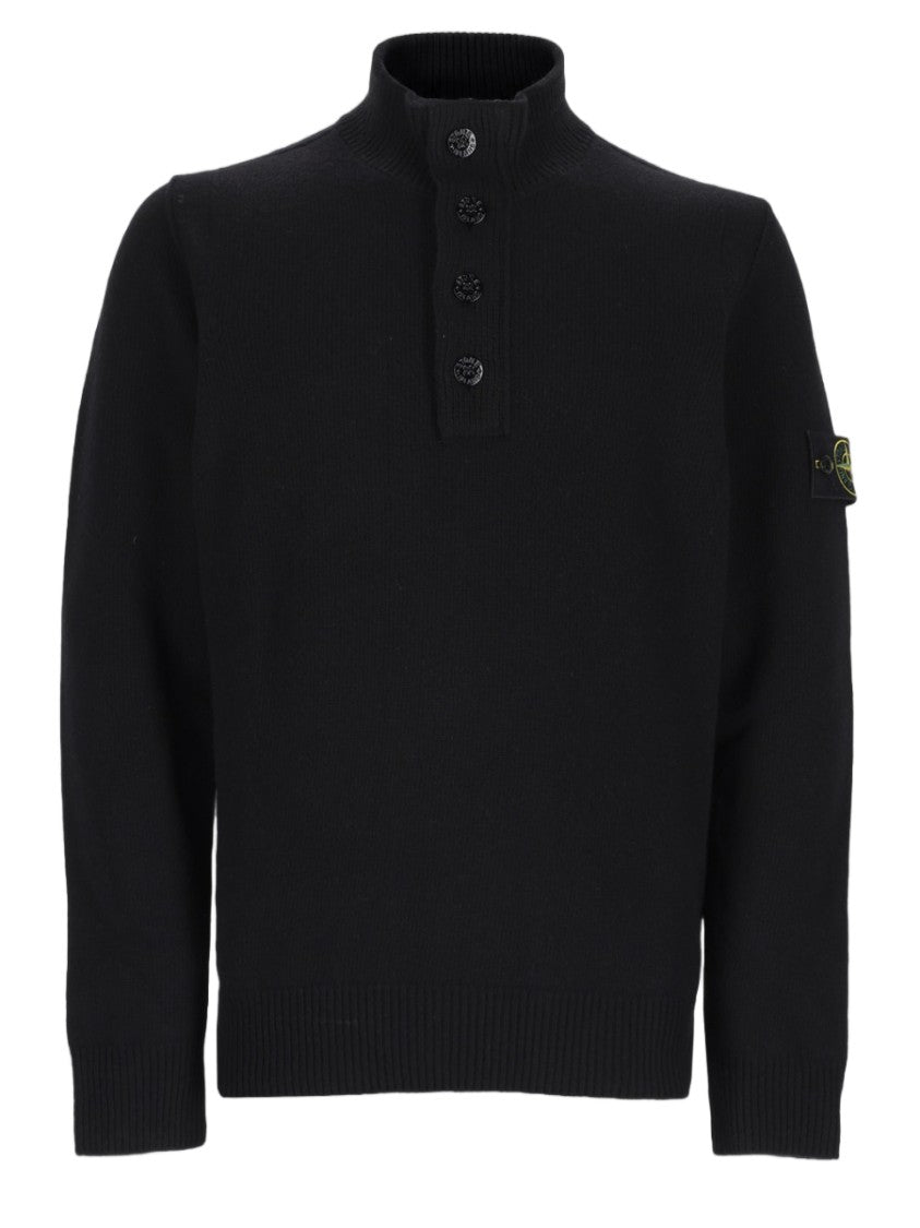 Stone Island Black Knit Sweater With High Ribbed Collar And Button Placket