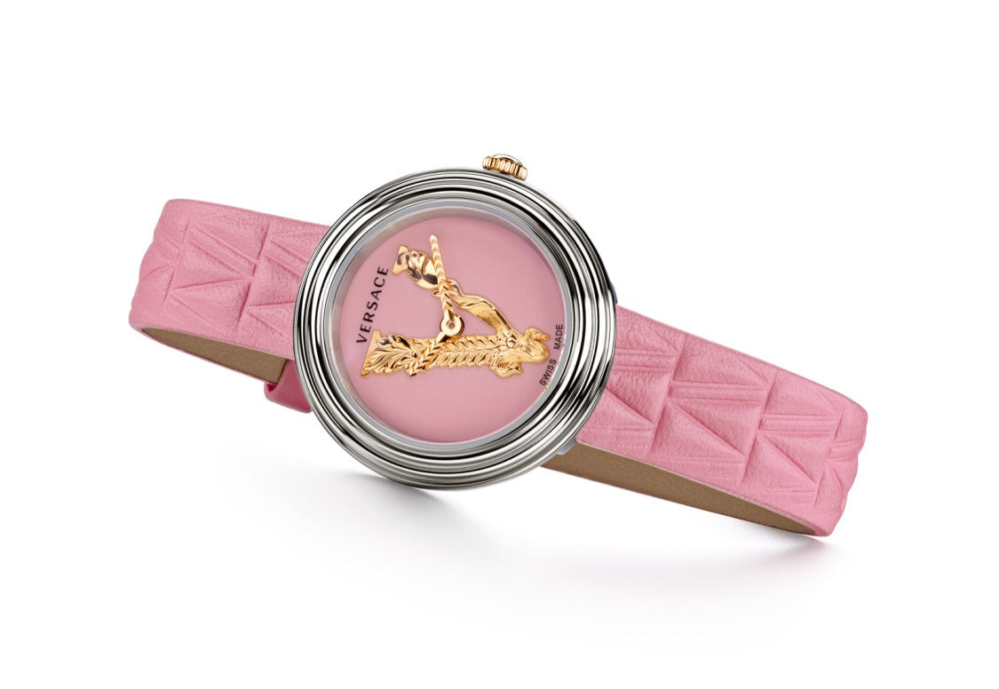 Versace 28 Mm Quartz V-Virtus Mini Watch With Pink Dial And Strap