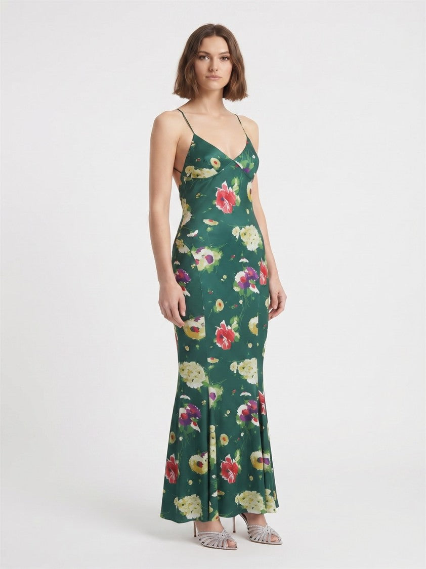 Norma Kamali Green Low Back Slip Fishtail Floral Polyester Maxi Dress