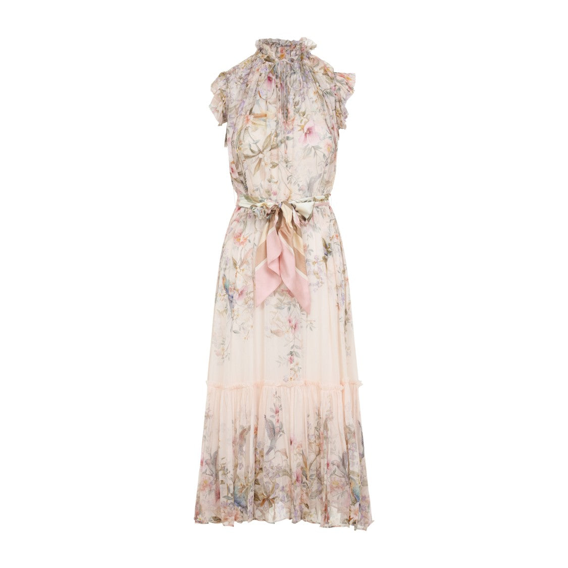 Zimmermann Floral Print Midi Dress With Ruffled Neckline