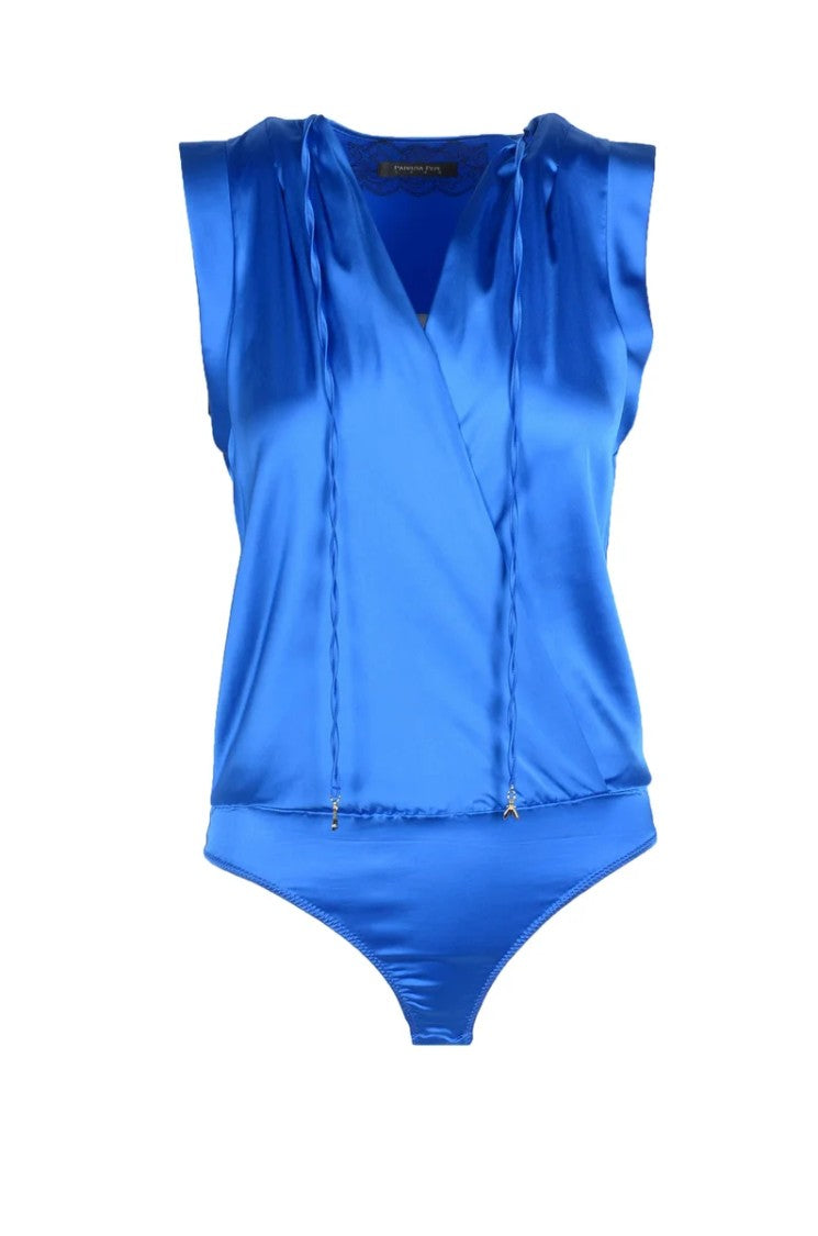Patrizia Pepe Sera Blue V-Neck Viscose-Blend Bodysuit