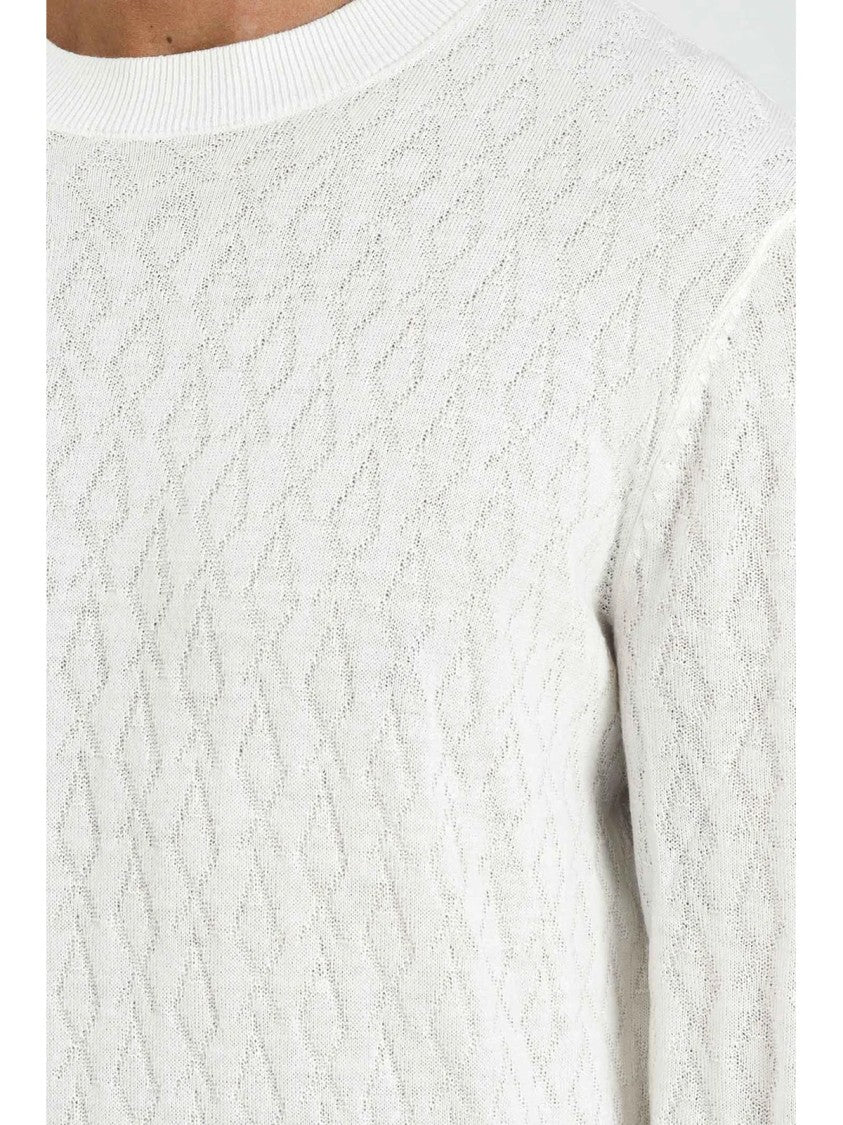 Armani Exchange White Textured Knit Virgin Wool-Blend Crewneck Sweater