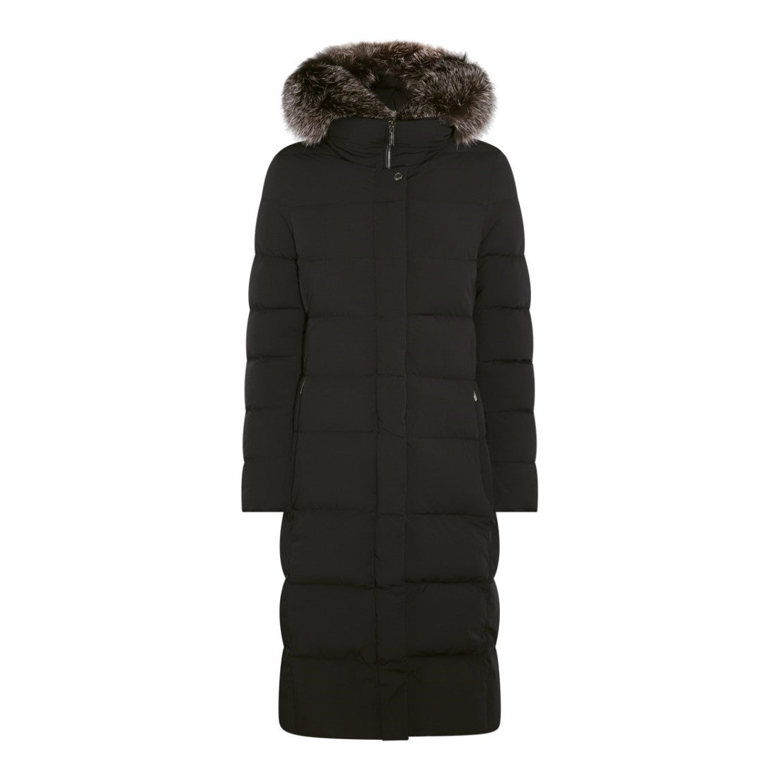 Moorer Quilted Black Down Jacket With Fur Trimmed Hood And Functional Fastenings