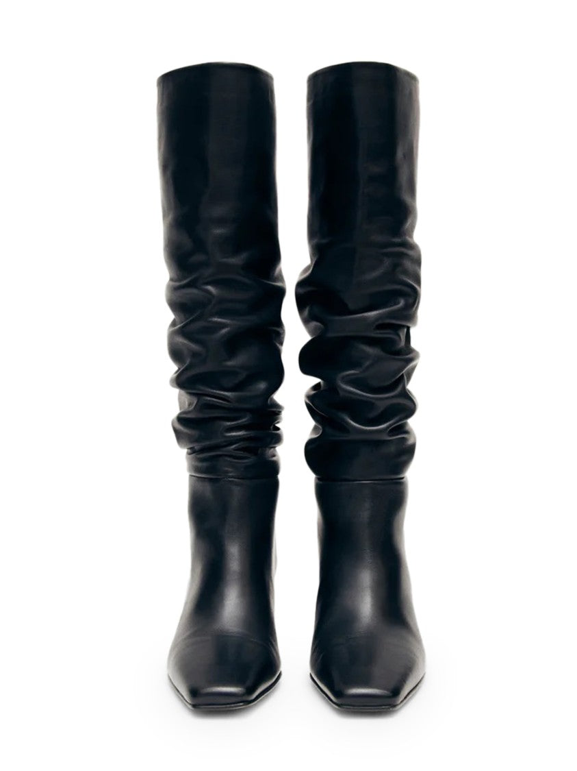 Alohas Mid-Calf Black Leather Boots With Pointed Toe And Relaxed Texture