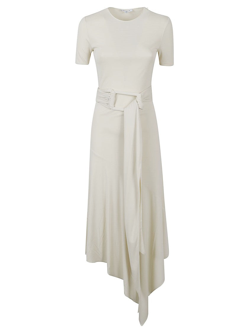 Alaïa Fluid Jersey Midi Dress With Integrated Belt And Asymmetrical Hemline