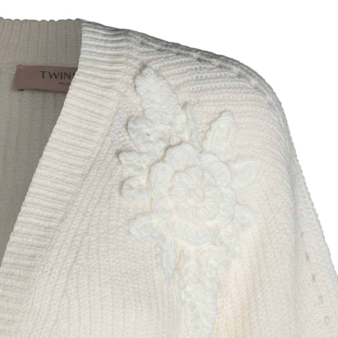 Twin-Set V-Neck Floral Appliqué Balloon Sleeve Sweater