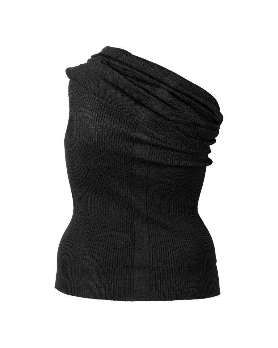 Rick Owens One-Shoulder Black Ribbed Athena Top