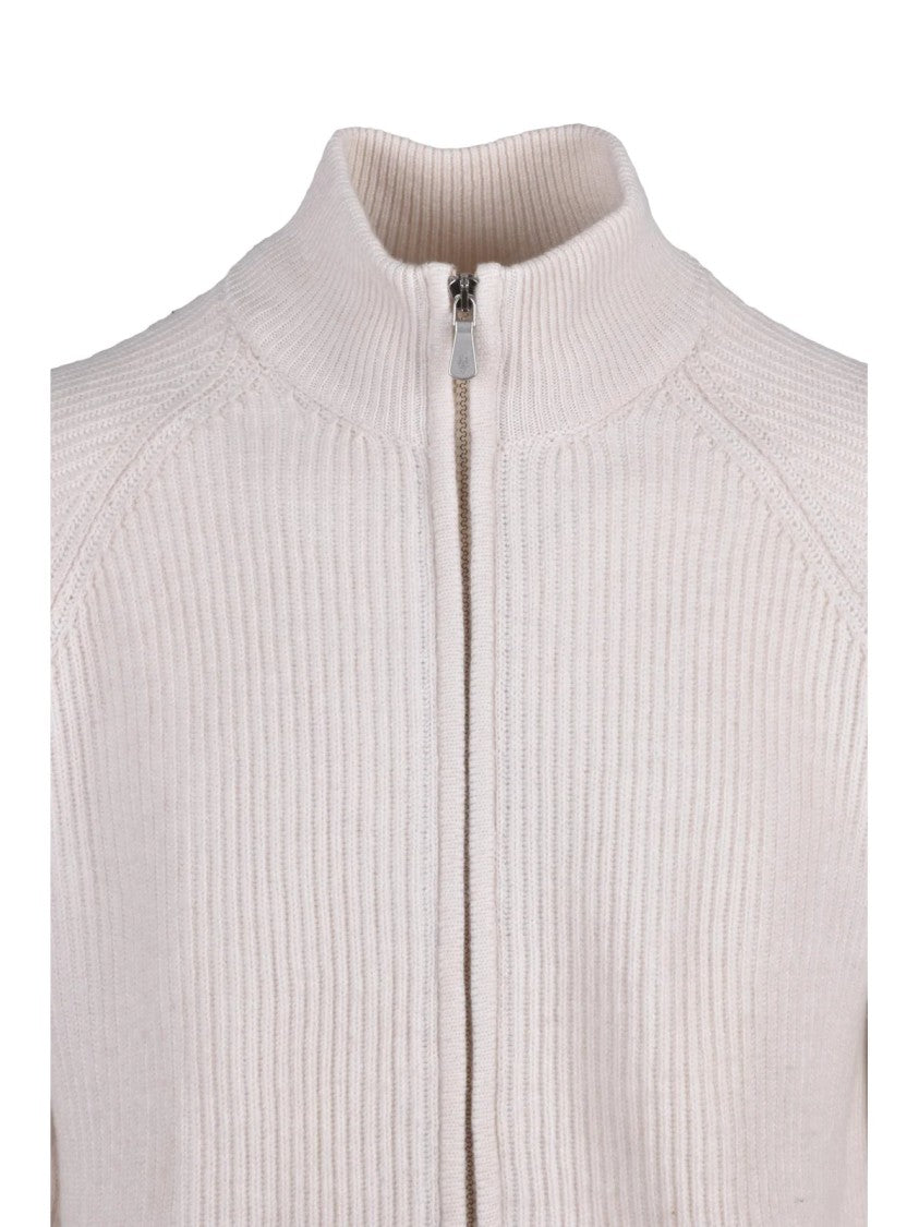 Eleventy White Ribbed High Collar Cashmere Zip Cardigan