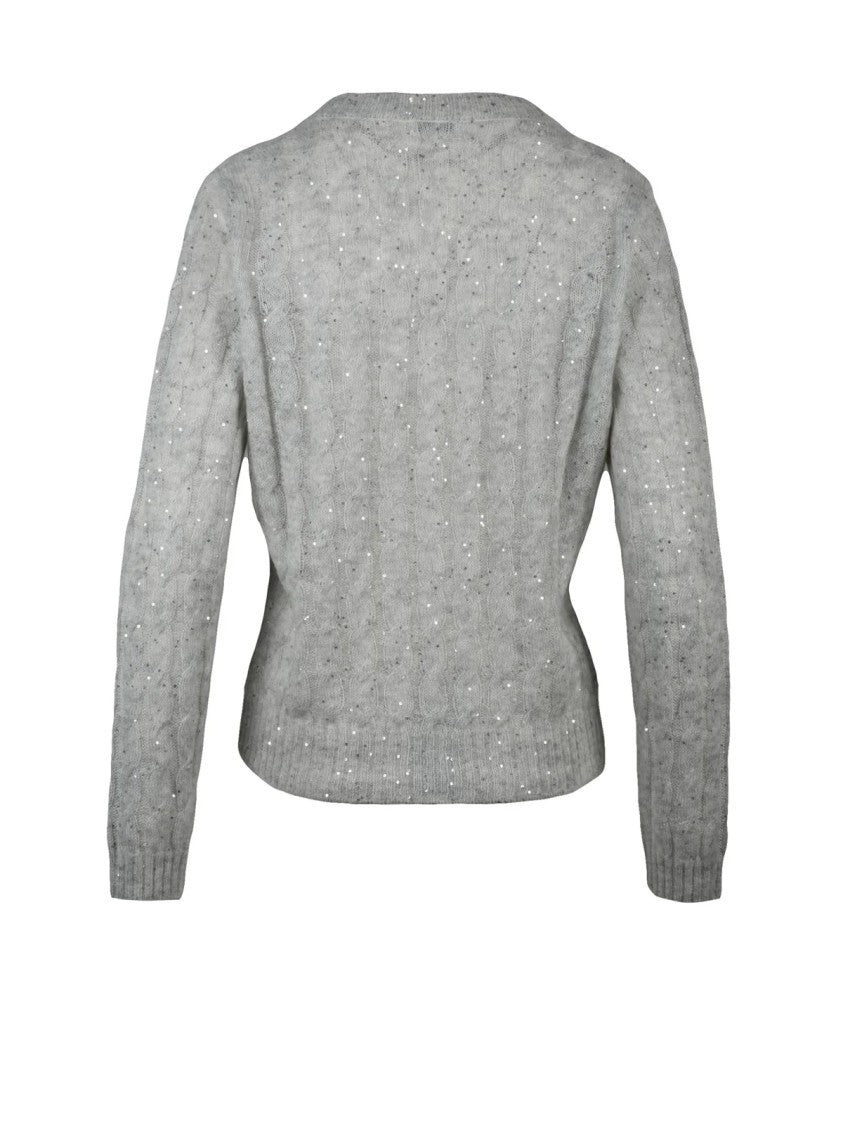 Brunello Cucinelli Grey Rhinestone Cable Knit Mohair-Blend V-Neck Sweater