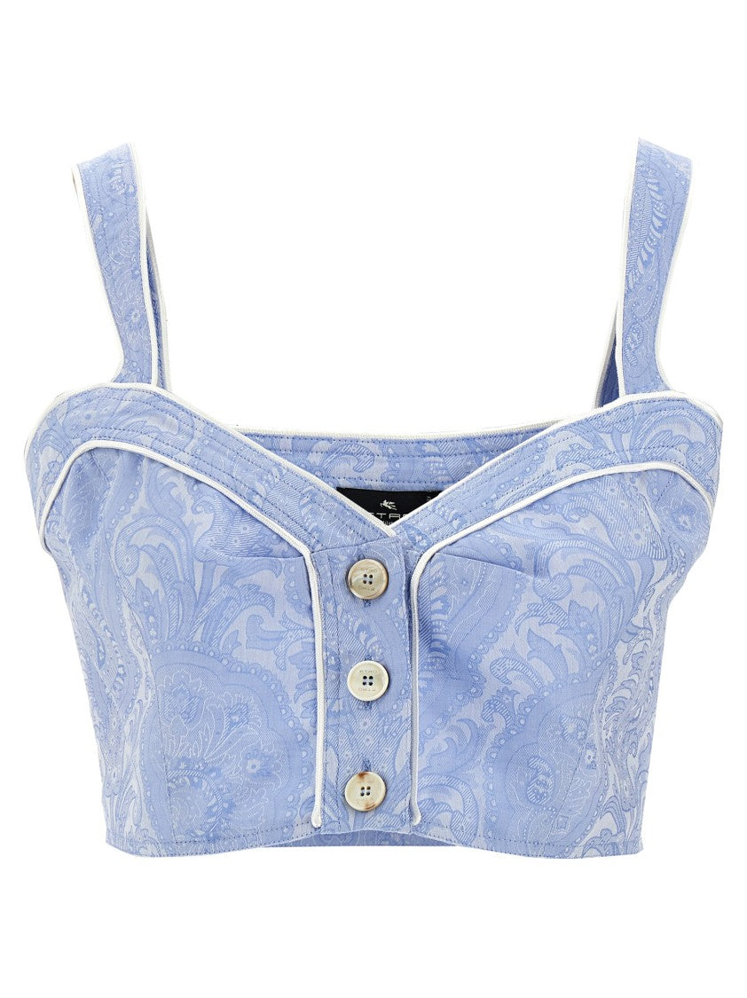 Etro Paisley Print Cotton Top With Satin Piping And Button Closure