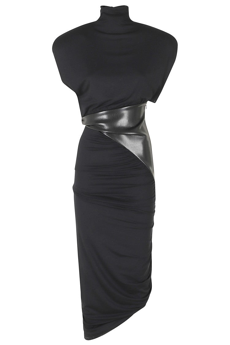 The Andamane Black Ursula Vegan Leather Waistband Draped Viscose Dress