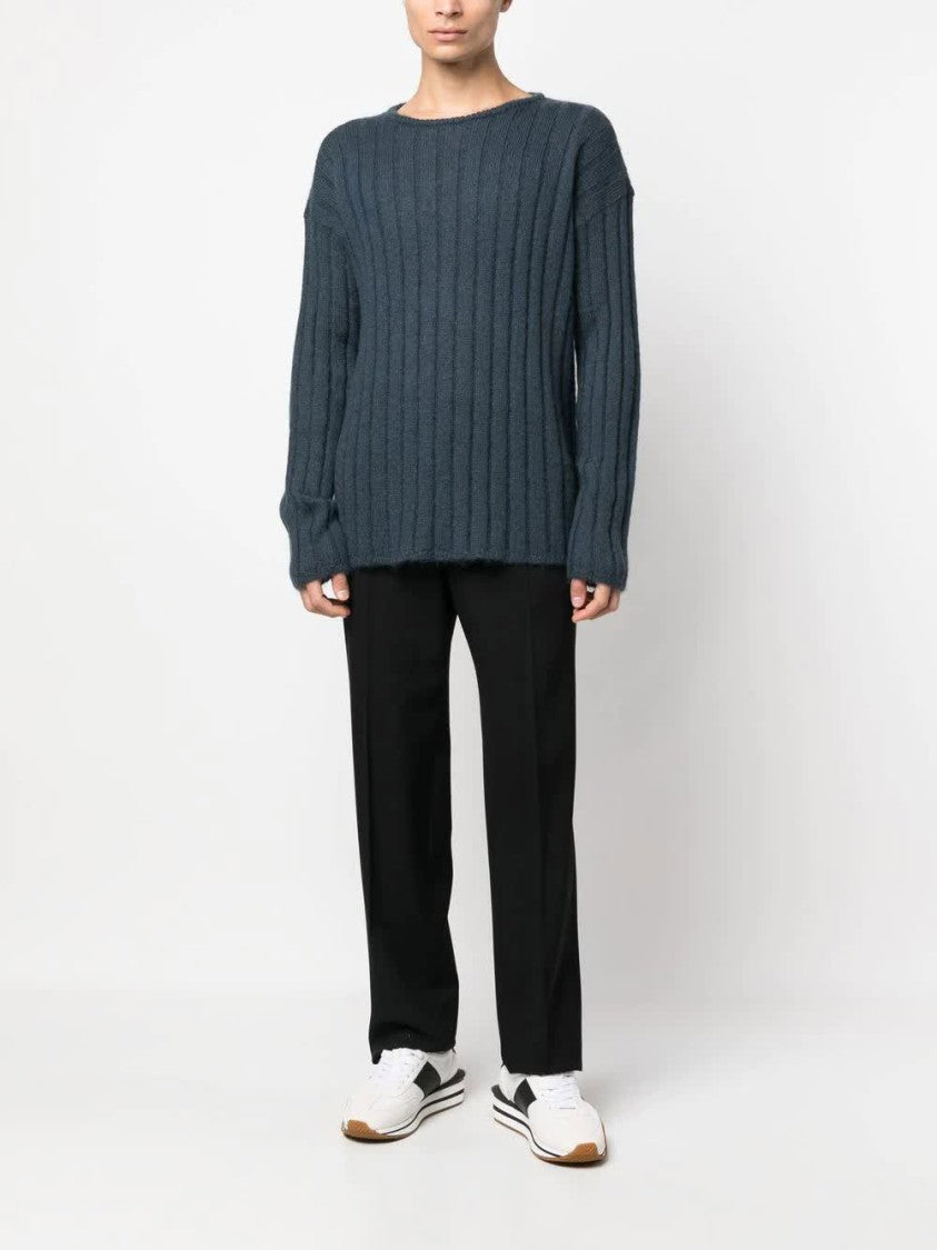 Giorgio Armani Blue Ribbed Knit Wool Blend Sweater