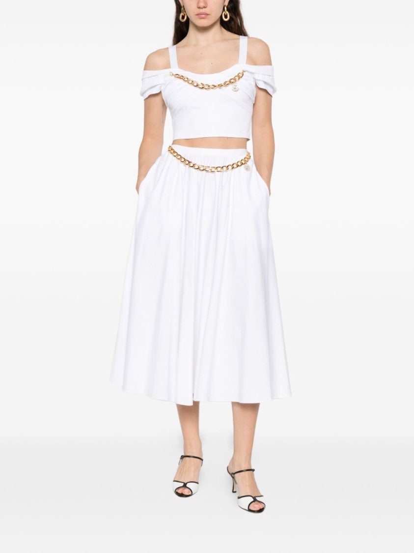 Elisabetta Franchi Flared White Midi Skirt With Gold Chain Detail