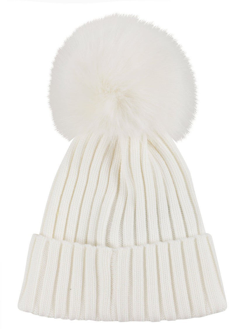 Moncler Tricot Ribbed Knit Fluffy Pom-Pom Logo Beanie