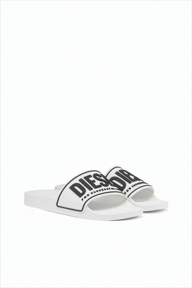 Diesel White Slide Sandals With Bold Branding