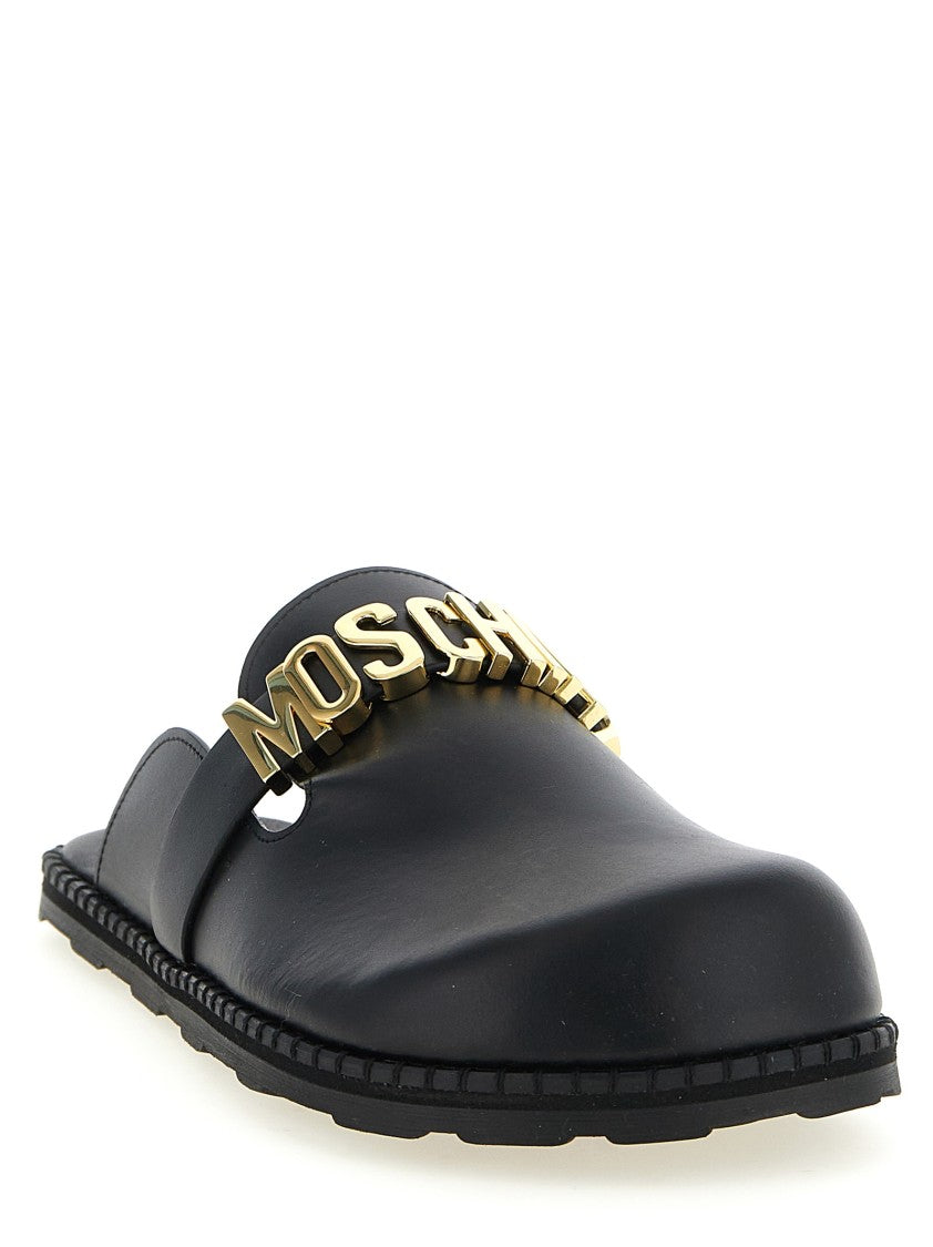 Moschino Black Leather Sabots With Bold Logo Strap