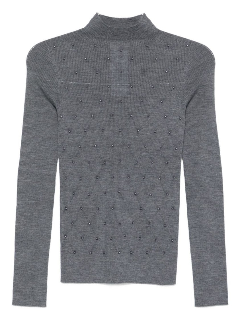 Liu Jo Bead-Embellished Fitted Grey Sweater