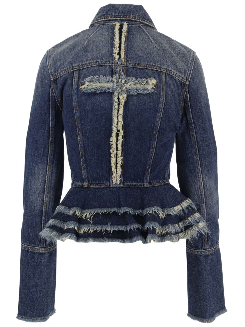 Matieres Fecales Cotton Denim Jacket With Fringed Peplum Hem