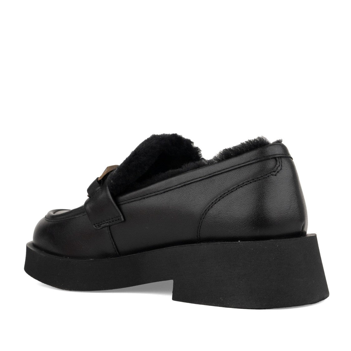 Sergio Moretti Black Fur-Lined Metallic Buckle Chunky Sole Leather Loafers