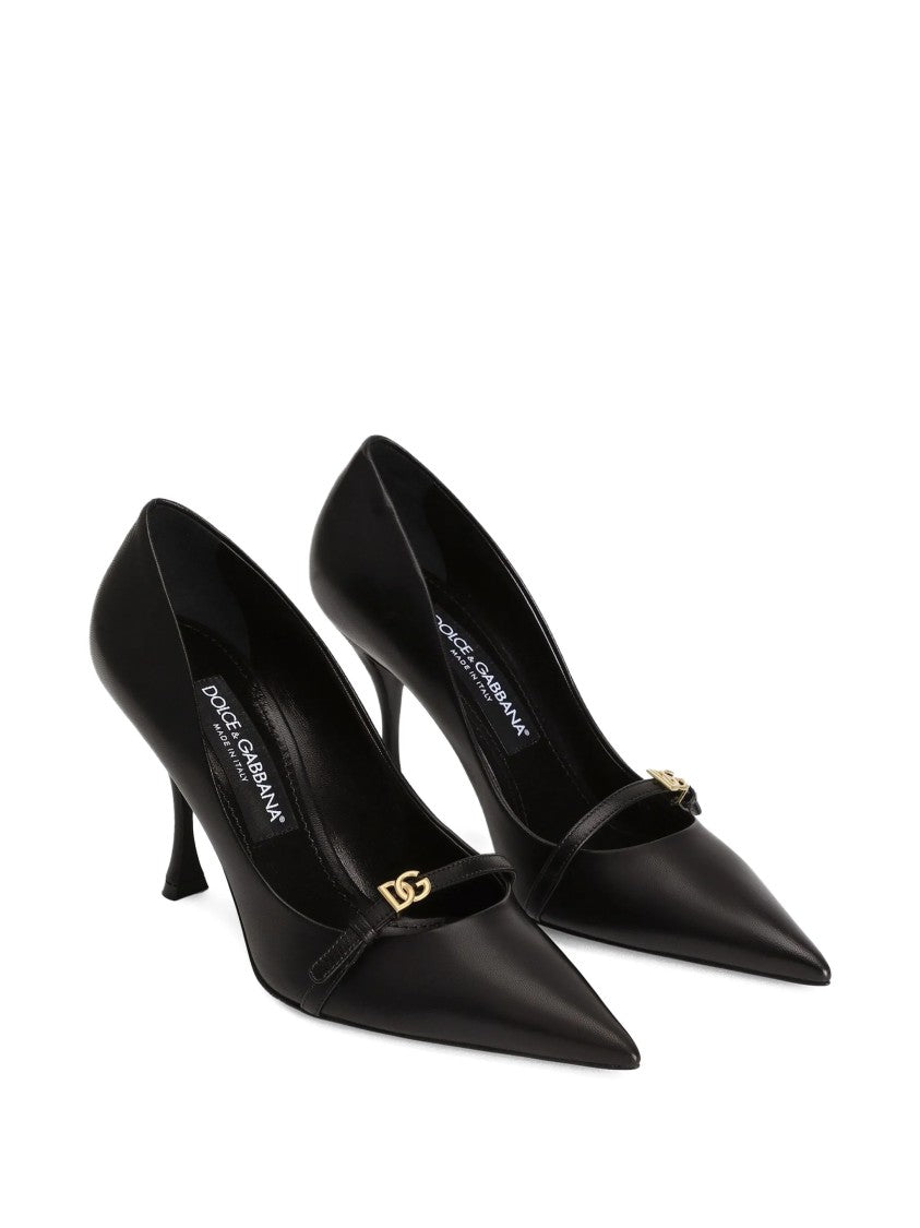 Dolce & Gabbana Pointed-Toe Black Leather Metallic Logo Pumps