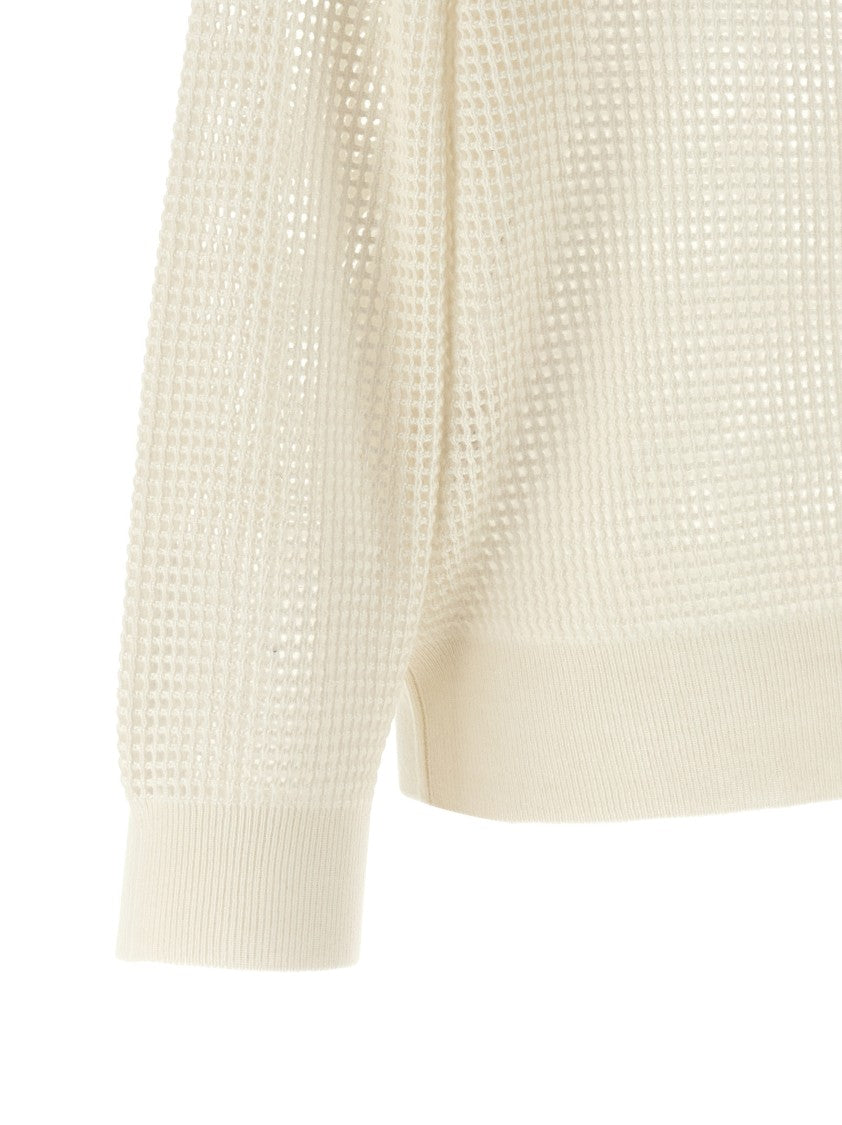 Brunello Cucinelli Net Mesh Cashmere Sweater With V-Neck And Banded Hem