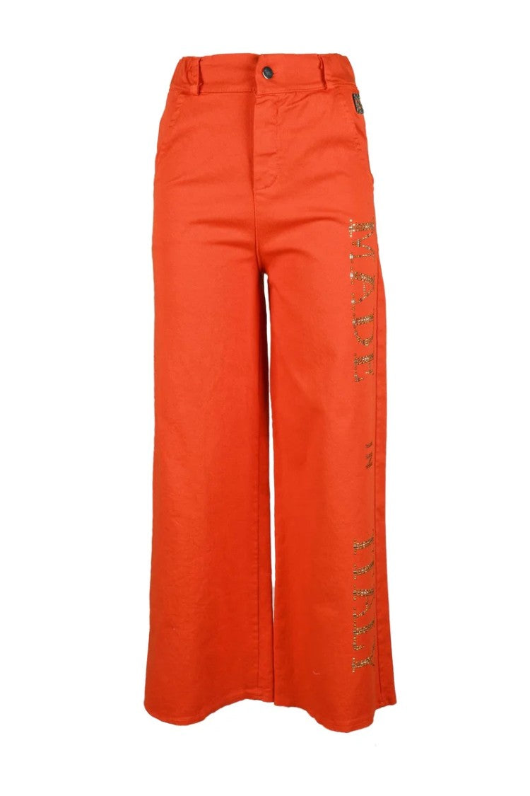 Marci By Gil Santucci Wide-Leg Cropped Trousers With Classic Waistband And Text Embellishments