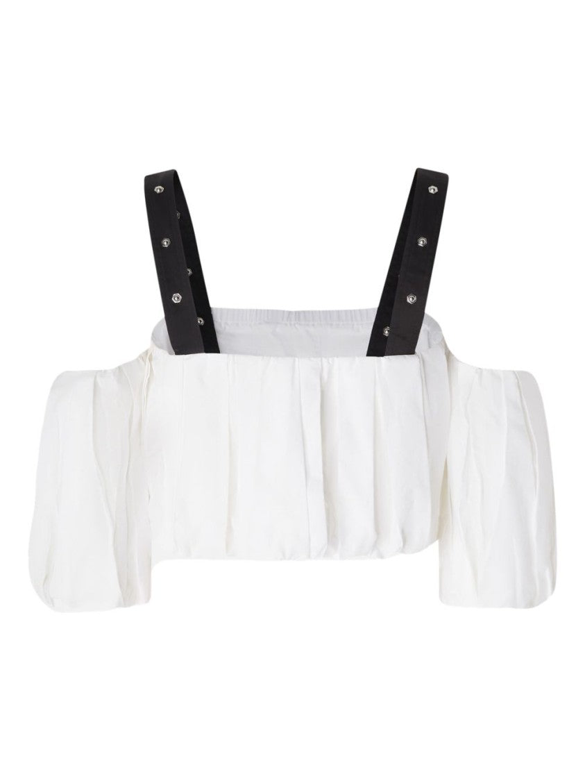 Pinko Cotton Crop Top With Ruffled Balloon Sleeves And Studded Straps