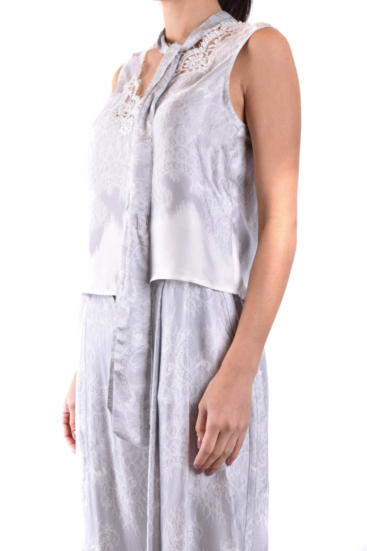 Ermanno Grey Viscose Lace-Trim Tie-Neck Blouse