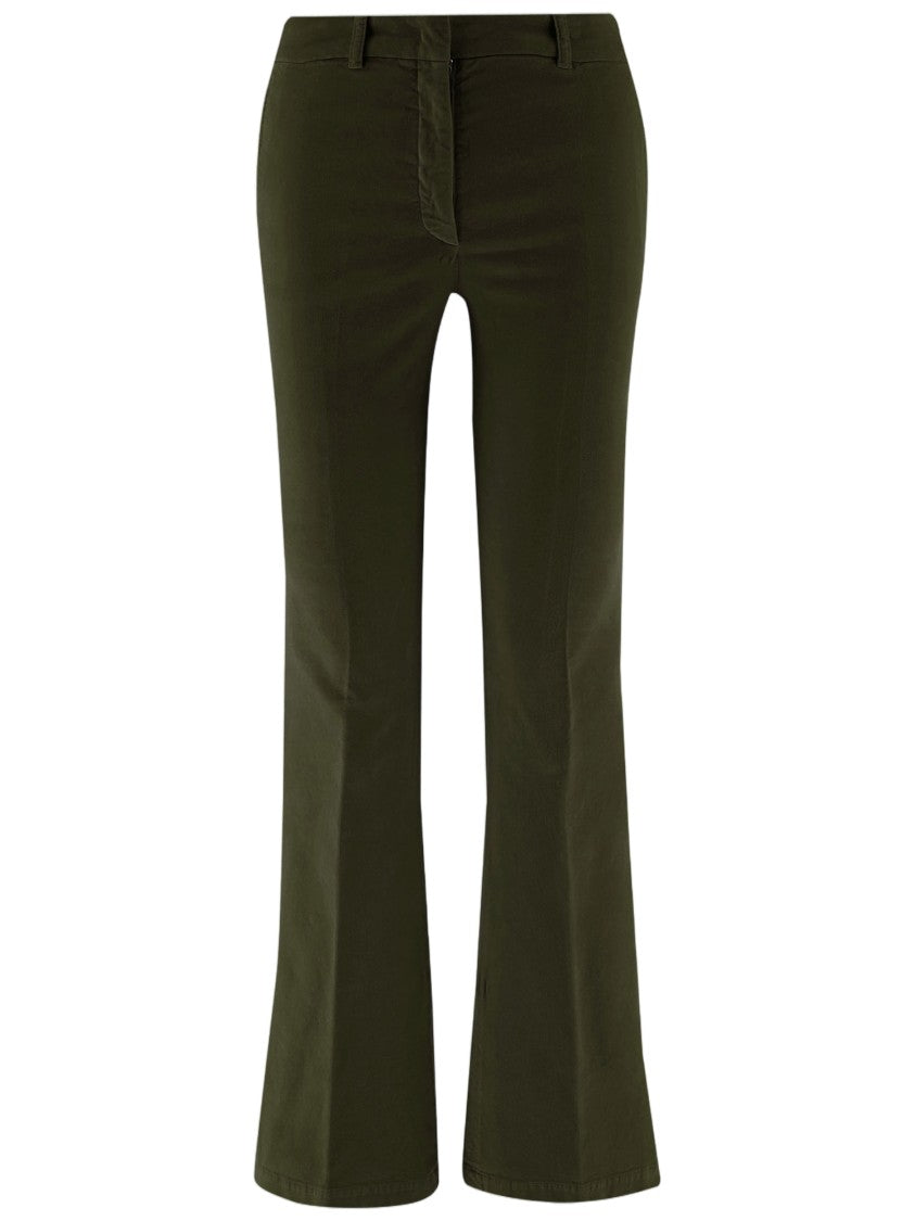 Ql2 Flared Dark Green Stretch Cotton Velvet Pants With Tailored Silhouette