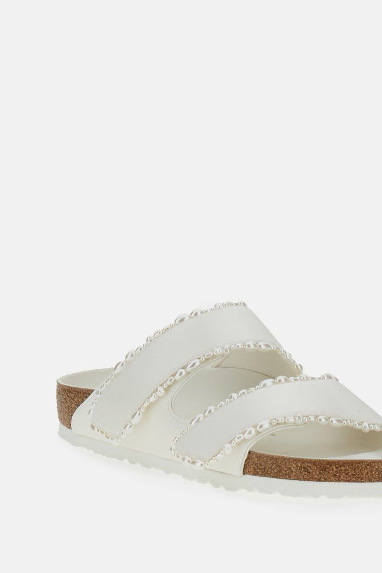 Birkenstock Ivory Satin Arizona Sandals With Pearl Detailing