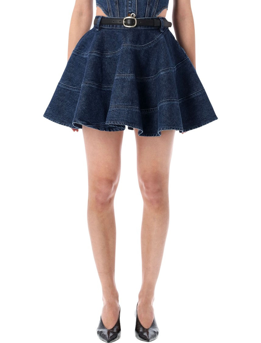 Self-Portrait Contrast Stitching Flared Denim Midi Skirt