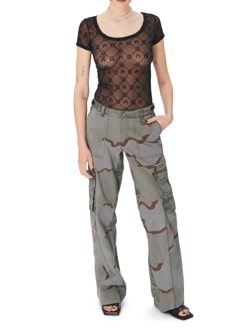 Marine Serre Sheer Black Mesh Flock Short-Sleeve Top