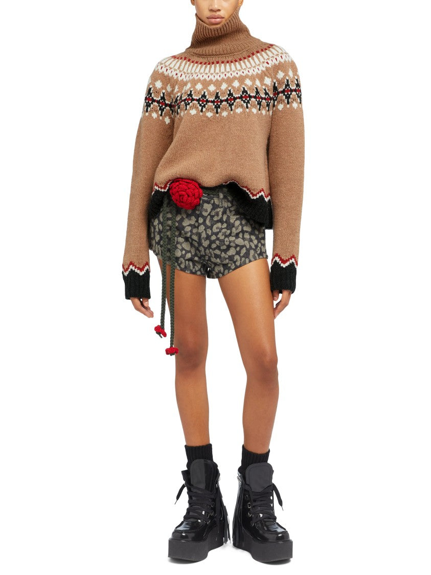 Alanui Patterned Camel Turtleneck Sweater With Geometric And Floral Motifs