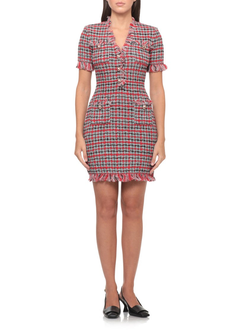 Self-Portrait Checkered Midi Dress With Fringed Neckline And Jewel Buttons