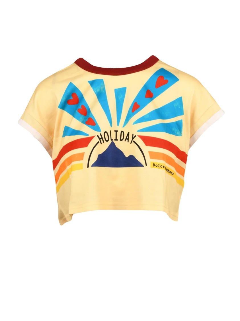 Dolce & Gabbana Cream Cropped Bold Graphic Print Cotton T-Shirt