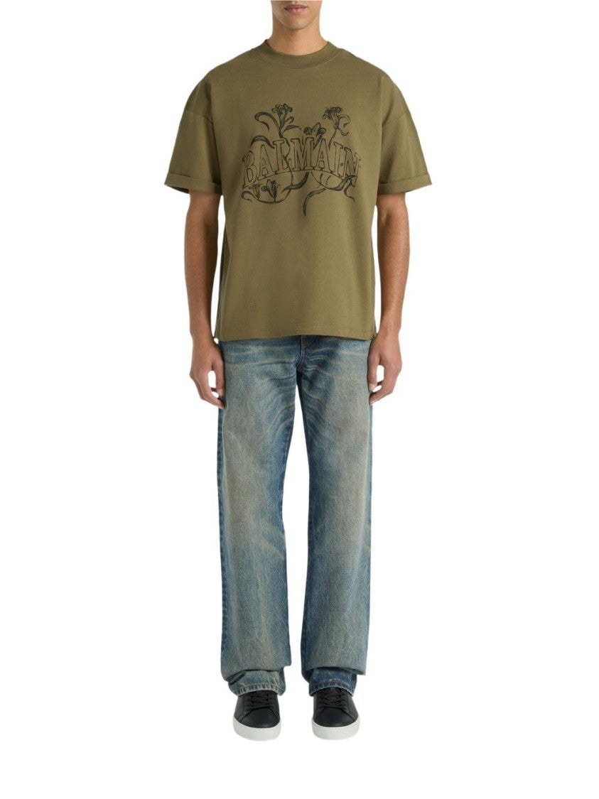 Balmain Olive Green Boxy-Fit Floral T-Shirt