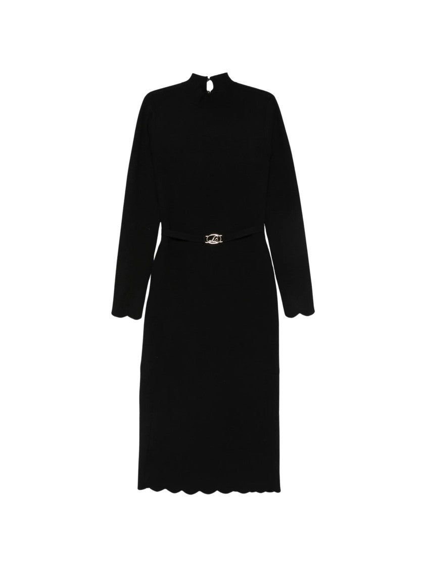 Twin-Set Black Ribbed Viscose-Blend High Neck Midi Dress