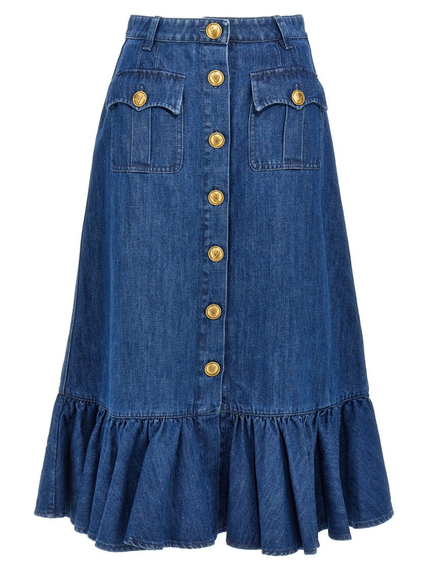 Valentino Garavani Light Cotton Denim Midi Skirt With Vlogo Closure