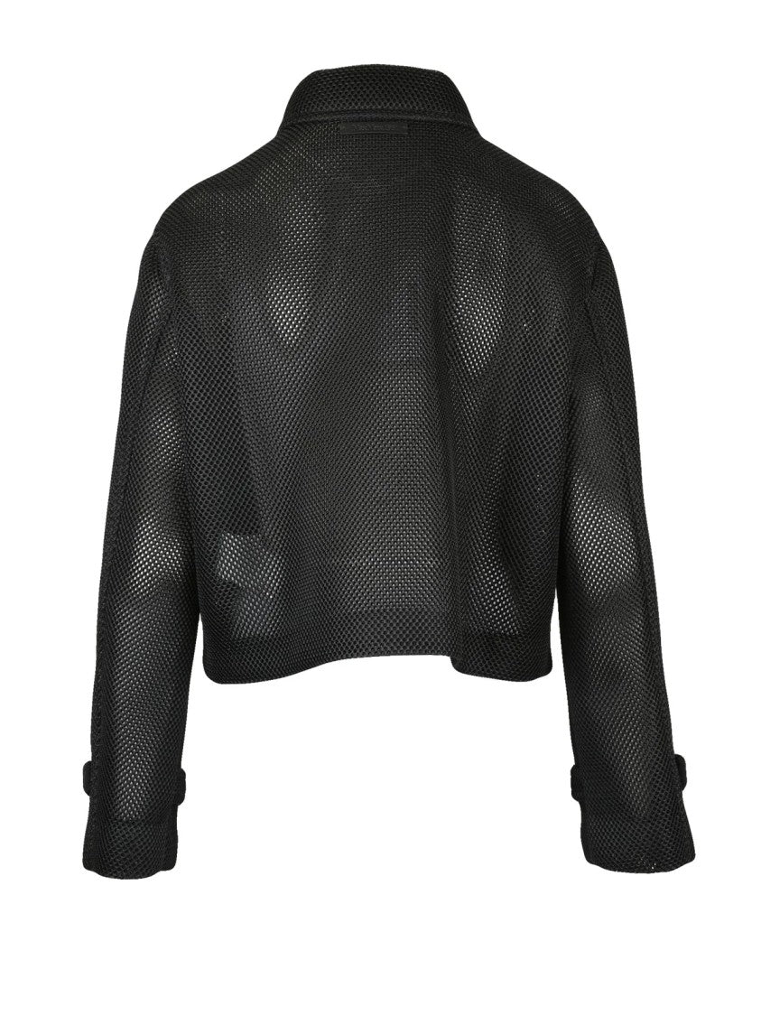 Max Mara Cropped Black Coat With Textured Mesh Fabric And Practical Features