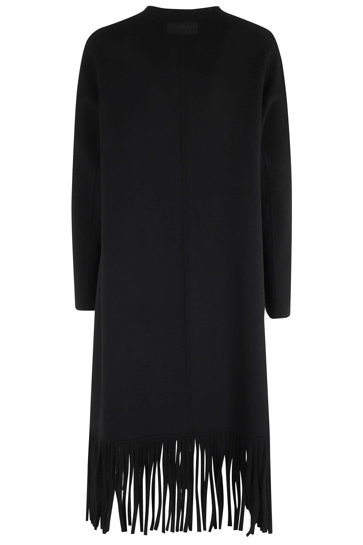 Ermanno Firenze Fringed Hem Long Coat In Wool Blend