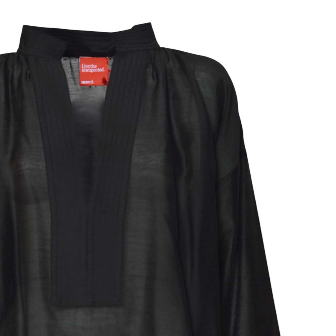 Merci Loose-Fit Black Blouse With Deep V-Neckline And Wide Placket