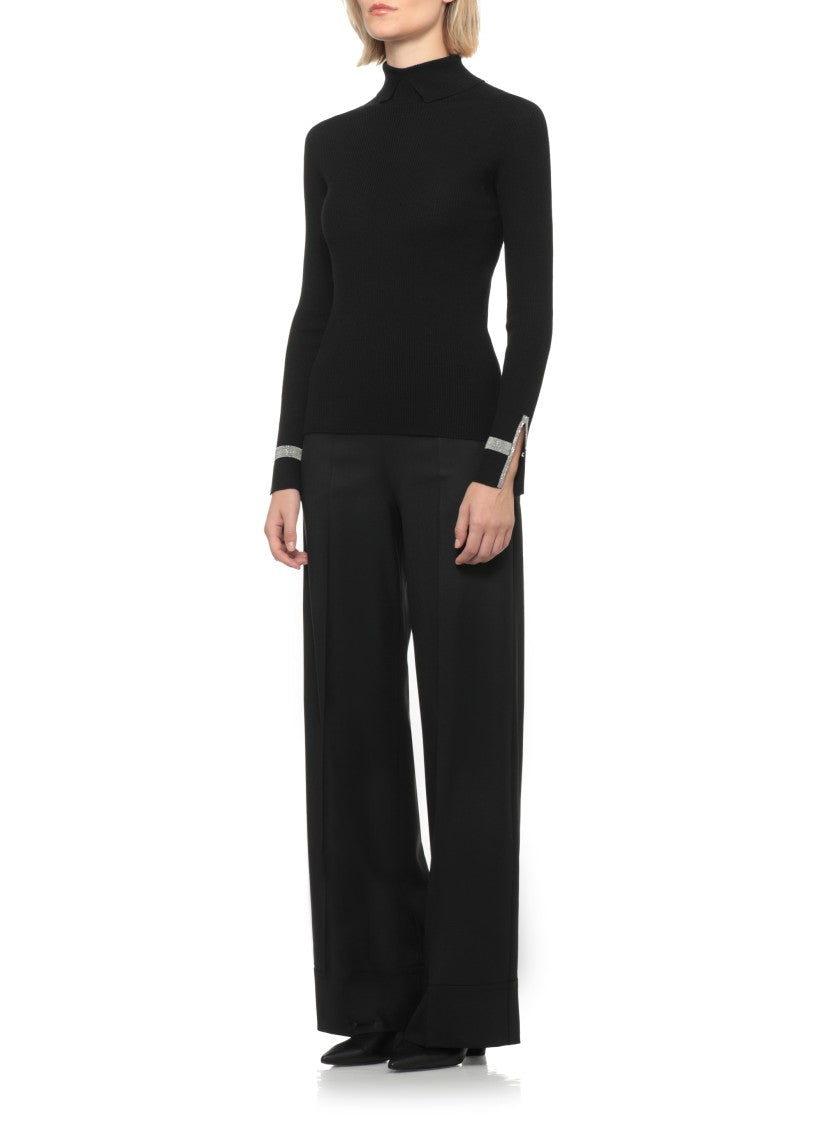 D. Exterior Black High Neck Ribbed Embellished Cuffs Wool Sweater