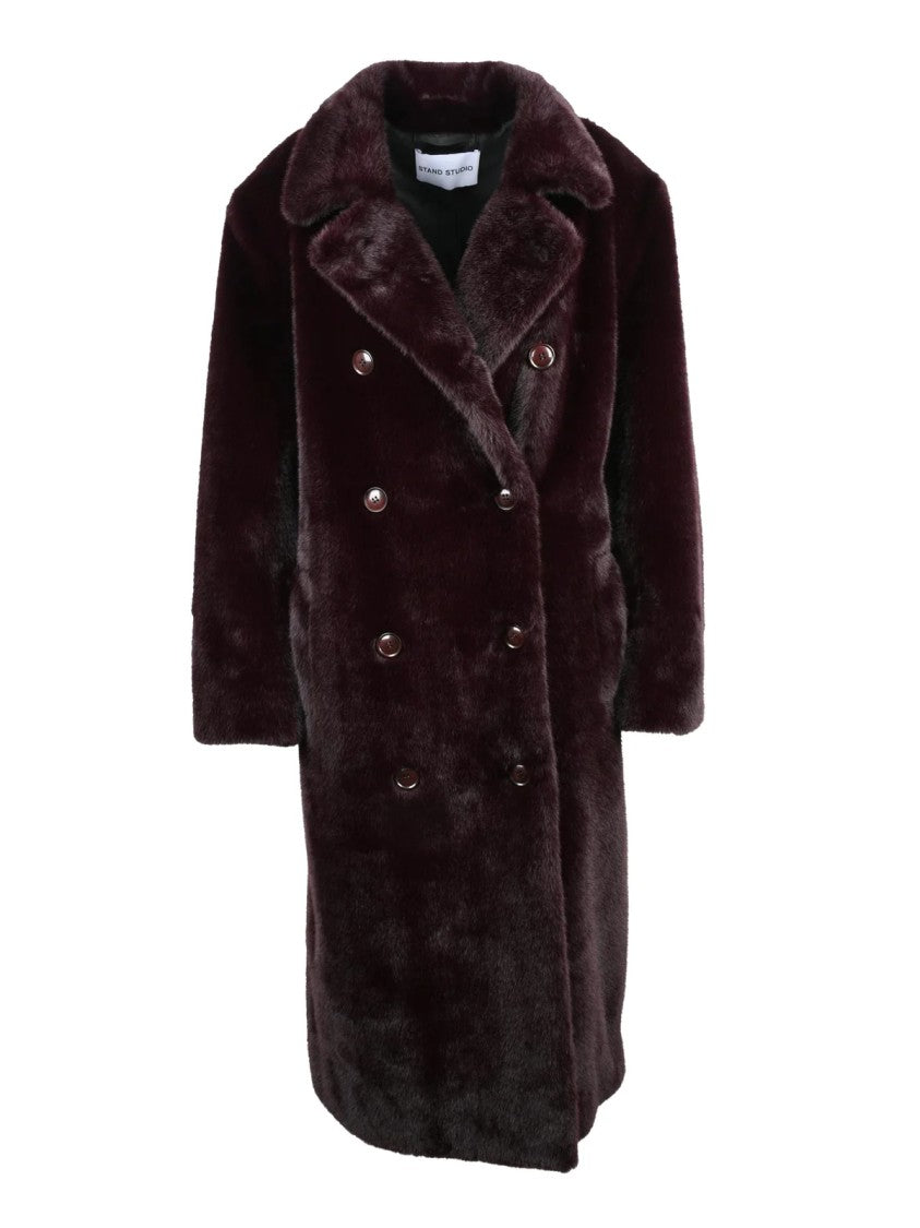 Stand Studio Red Polyester Double-Breasted Long Faux Fur Coat