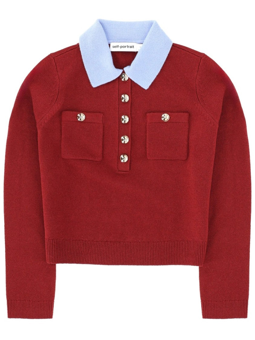Self-Portrait Red Contrast Collar Wool-Blend Polo Shirt