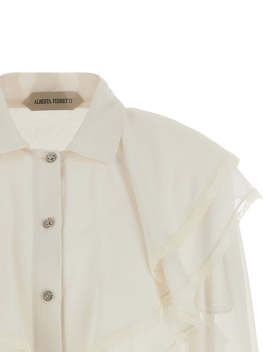 Alberta Ferretti Semi-Transparent Silk Crêponne Shirt With Lace Piping