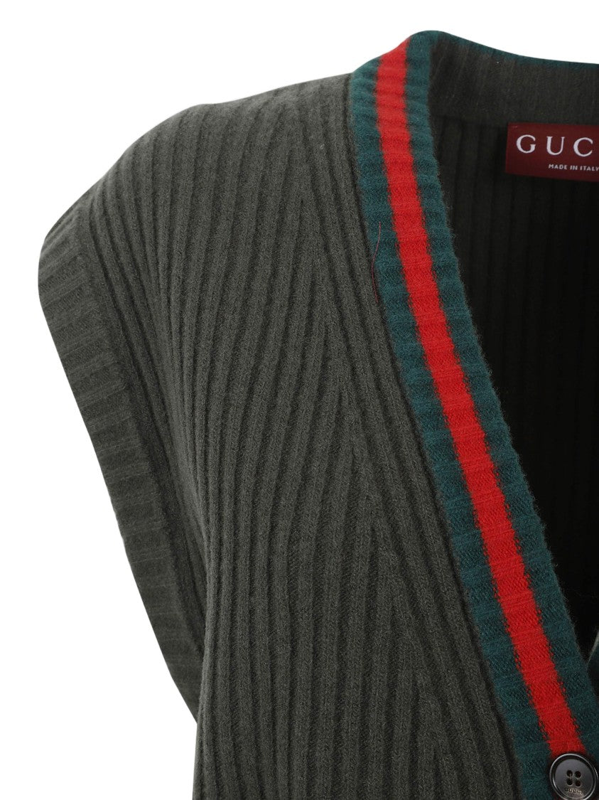 Gucci Ribbed Knit Cardigan Vest With Contrasting Trim