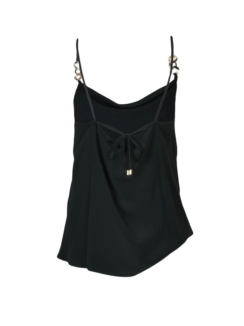Simona Corsellini Fluid Black Top With Asymmetrical Hem And Decorative Straps