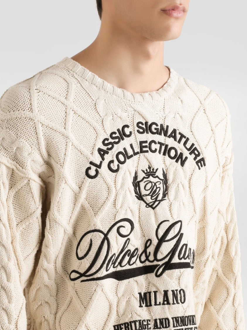 Dolce & Gabbana Beige Cable Knit Logo Sweater